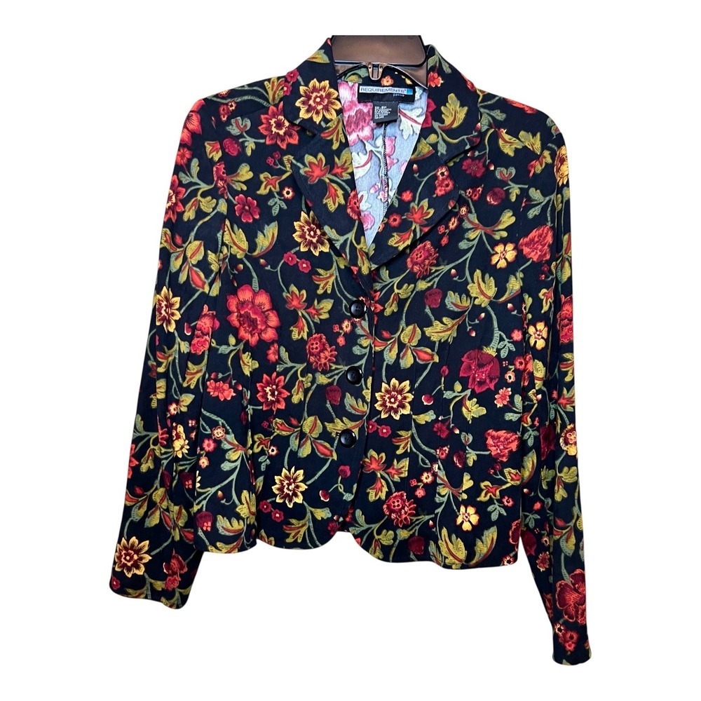 Requirements Petite Floral Blazer‎ Jacket Womens 8P Navy Red Yellow Button Front